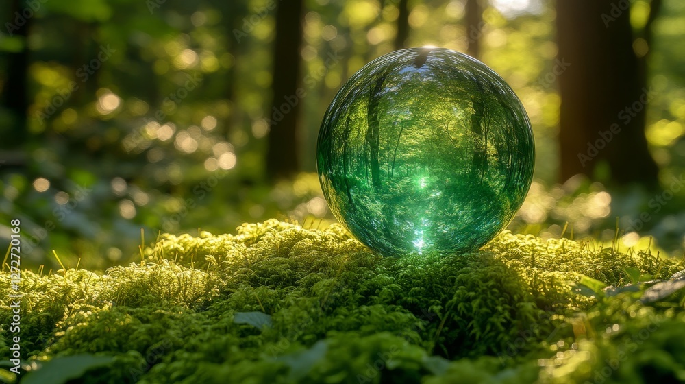 Glass Orb Reflecting Sunlit Forest on Mossy Ground Glass Orb Reflecting Sunlit Forest on Mossy Ground