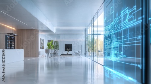Modern interior with glass walls and digital blueprint overlay.