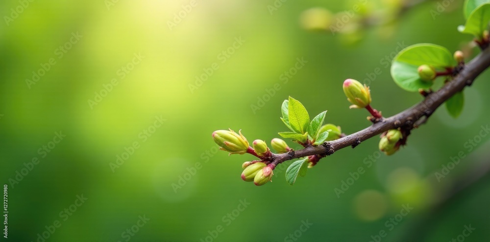 Tiny buds burst forth on a newly awakened tree branch, flowers, spring, leafy Tiny buds burst forth on a newly awakened tree branch, flowers, spring, leafy