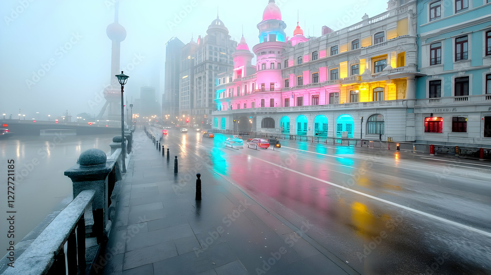 Obraz premium Rainy night, city street, Shanghai, illuminated buildings, river