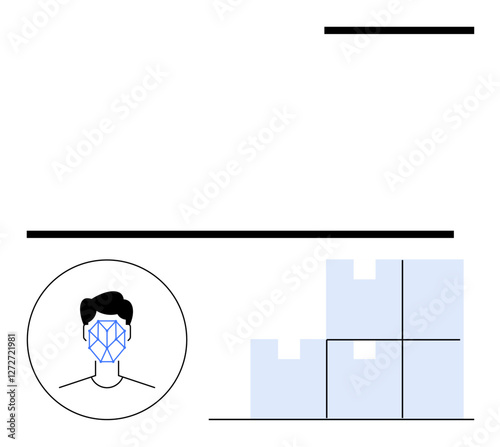 Human face with facial recognition pattern, digital interface design, and stacked boxes. Ideal for AI systems, data processing, security, logistics, automation, innovation abstract line flat