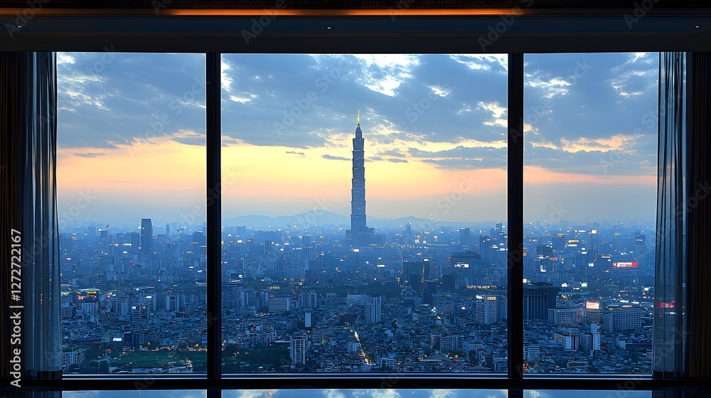 Fototapeta premium Taipei City Skyline Viewed Through a Large Window at Sunset