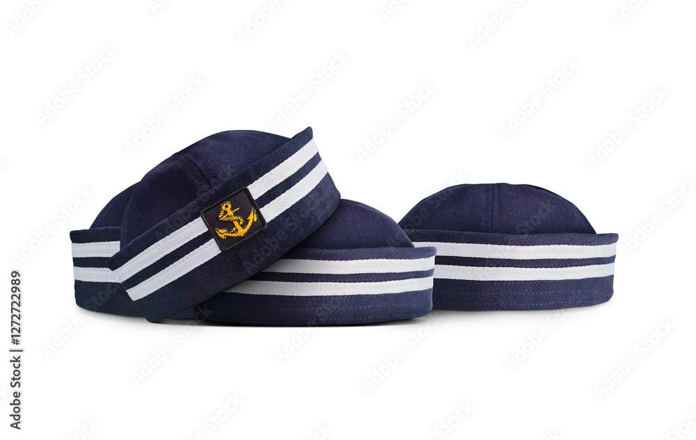 Fototapeta premium A pile of navy blue hats on a white background.