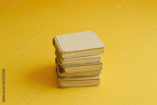 Stack of old books with beige covers on yellow backdrop photo