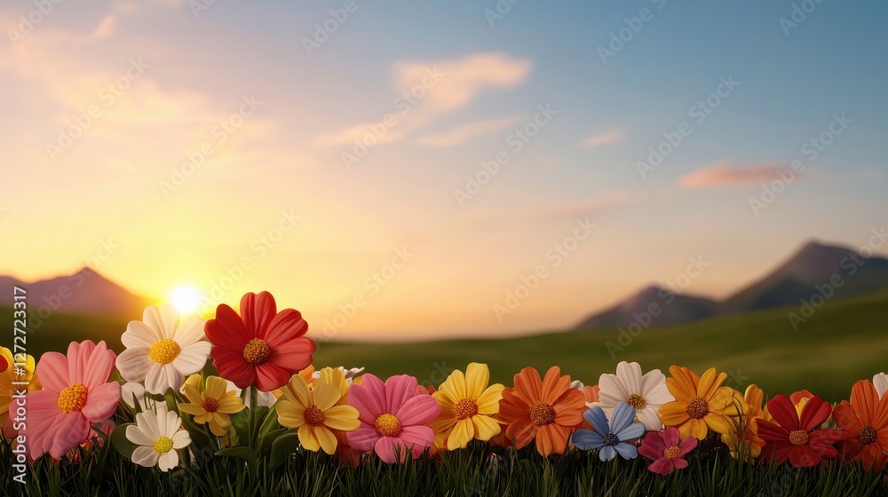 Fototapeta premium sunset in the mountains and flowers