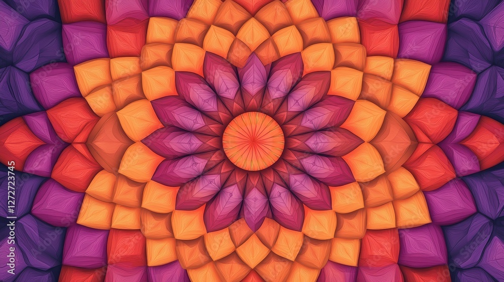 Obraz premium A vibrant, symmetrical mandala featuring intricate patterns in shades of purple, orange, and yellow, creating a radiant floral design.