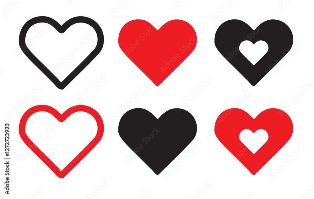 Black and red Heart, love, romance or valentine's day red heart. Set of hearts in red color, Red heart like Button icons set vector Eps 10 Black and red Heart, love, romance or valentine's day red heart. Set of hearts in red color, Red heart like Button icons set vector Eps 10