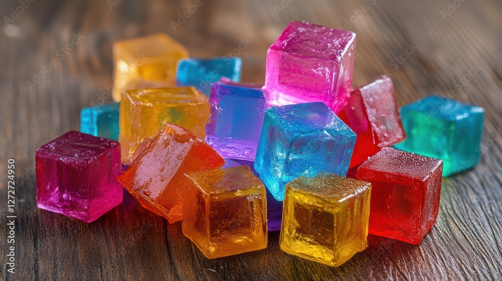 Colorful gelatin cubes arranged on a wooden surface. Colorful gelatin cubes arranged on a wooden surface.