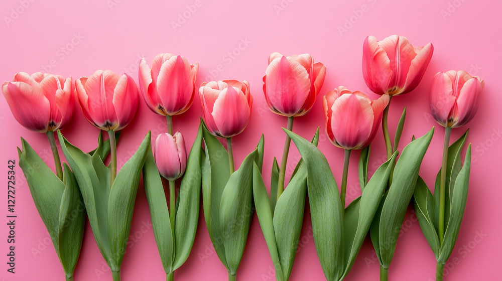 Fototapeta premium Beautiful composition spring flowers. Bouquet of pink tulips flowers on pastel pink background. Valentine's Day, Easter, Birthday, Happy Women's Day, Mother's Day. Flat lay, top view, copy space