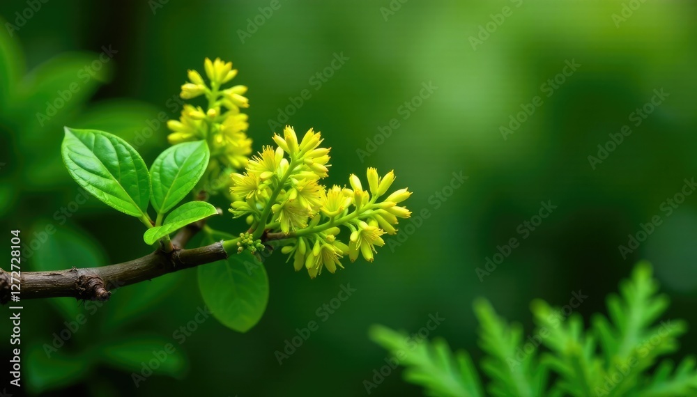 Woody stem covered in green leaves and clusters of yellowish-green flowers on a branch, green foliage, ferns, yellow blooms Woody stem covered in green leaves and clusters of yellowish-green flowers on a branch, green foliage, ferns, yellow blooms