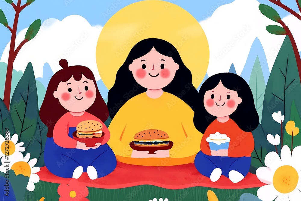 Naklejka premium A family enjoying a picnic in a sunny park, with a blanket, sandwiches, and a frisbee