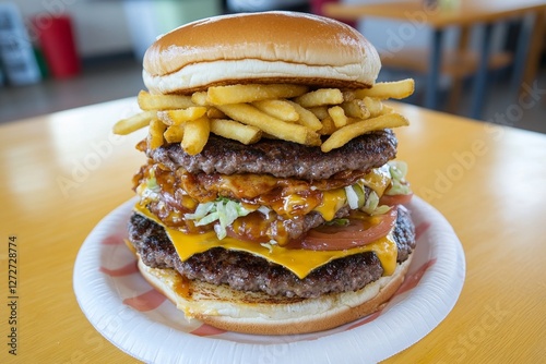 A fast-food version of the food pyramid, humorously stacking burgers, fries, and soda