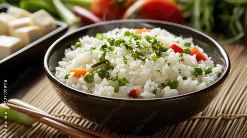 A bowl of steaming rice with a side of fresh vegetables and tofu A bowl of steaming rice with a side of fresh vegetables and tofu