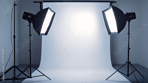 Professional photography studio with a white backdrop and two large studio lights