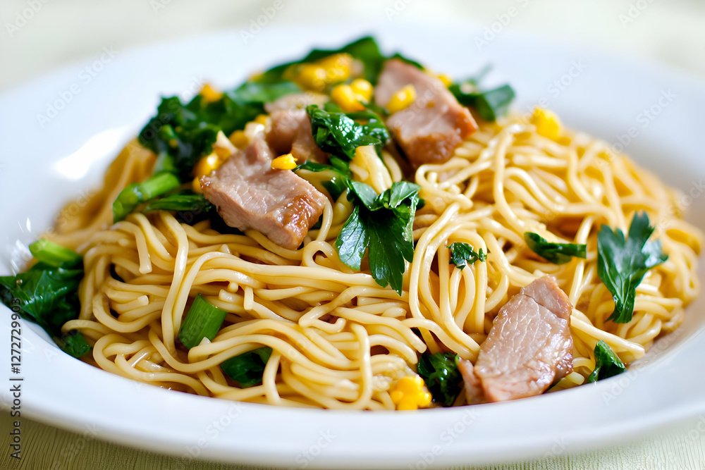 Noodles, pork, corn, spinach stir-fry. Food photography Noodles, pork, corn, spinach stir-fry. Food photography