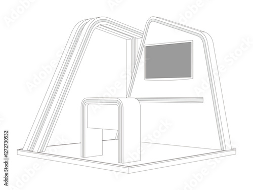 3d illustration stand booth 3x3 m rack display LED TV screen blank logo company and table with flooring for event exhibition. Image sketch outline drawing coloring background isolated.