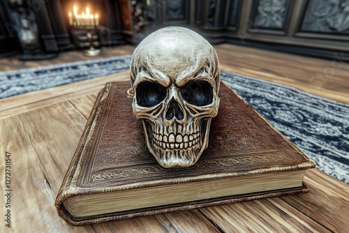 A gothic-style study room with a cozy candlelit atmosphere, where a mysterious figure reads an ancient book for leisure