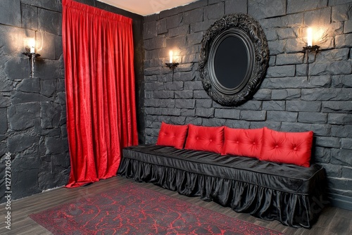 A gothic-style study room with a cozy candlelit atmosphere, where a mysterious figure reads an ancient book for leisure