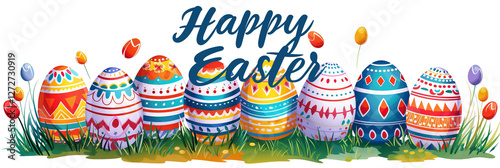 A vibrant easter day banner showcasing a collection of beautifully decorated eggs in bright colors. Festive text enhances the joyful spring theme, perfect for celebrations and greetings.