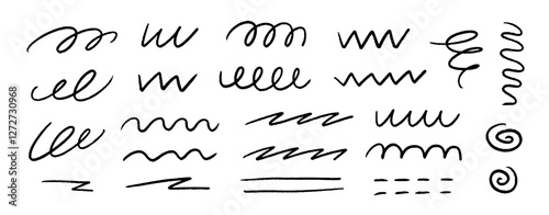 Black squiggle brush stroke set. Scribbled wiggle stripes and lines collection. Hand drawn pen or pencil curly brushstrokes. Grunge charcoal swirls, waves and spirals for decoration, emphasis. Vector