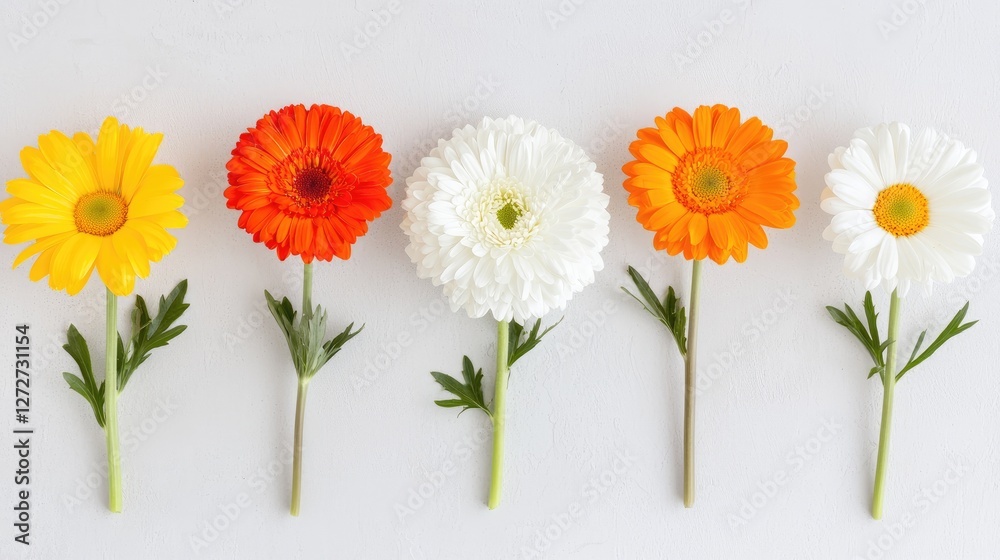 Fototapeta premium Colorful gerbera daisies arranged on white background (1)
