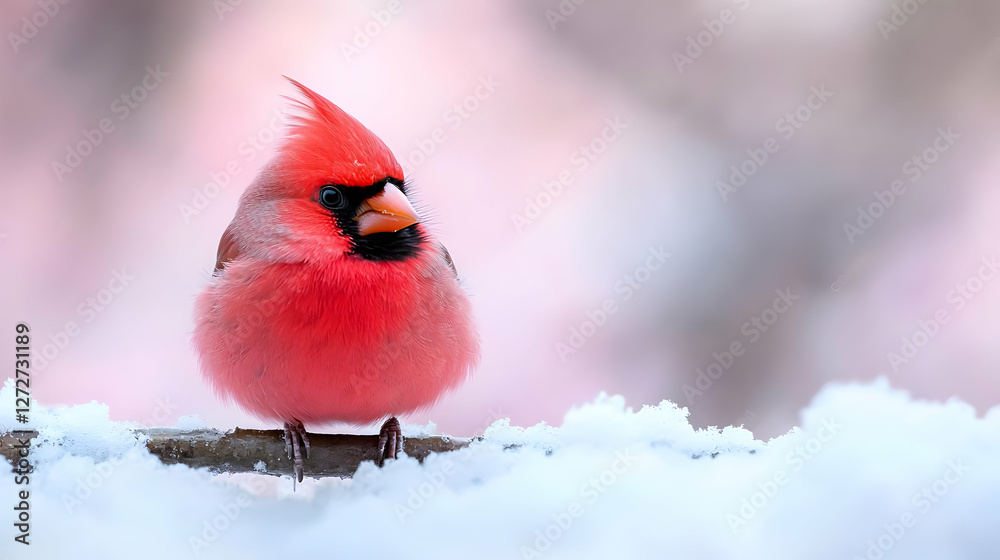 Northern Cardinal perched on snowy branch, winter scene, nature background Northern Cardinal perched on snowy branch, winter scene, nature background