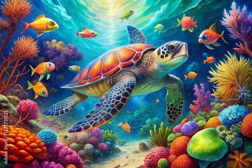 Watercolor Sea Turtle Coral Reef Tropical Fish Underwater Scene photo