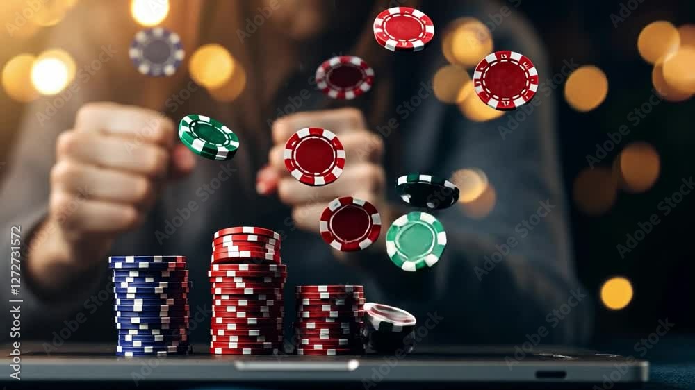 Online Casino Fortune: Capturing the excitement and thrill of a jackpot win. A woman surrounded by colorful poker chips, celebrates a winning hand.