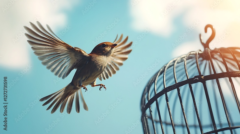 Fototapeta premium small bird with wings fully spread, flying out of an open metal cage