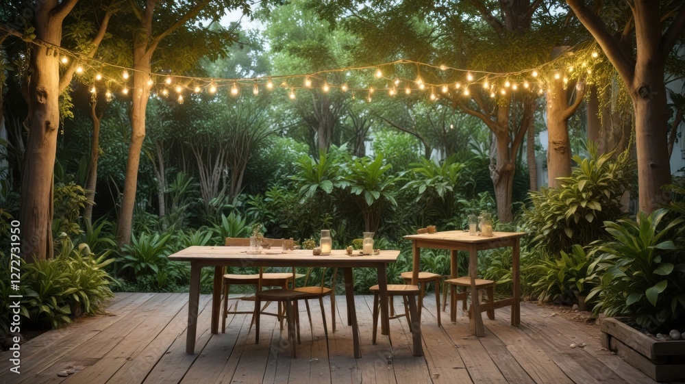 Fototapeta premium Serene outdoor dining space with wooden table and chairs under a string of warm lights, surrounded by lush green foliage on a wooden deck.