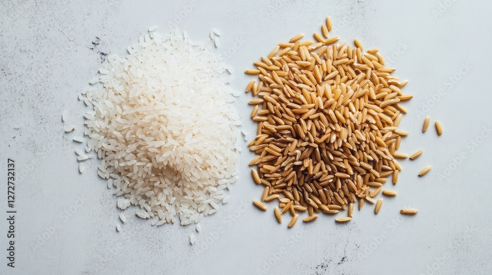 A side-by-side comparison of white rice and brown rice grains A side-by-side comparison of white rice and brown rice grains