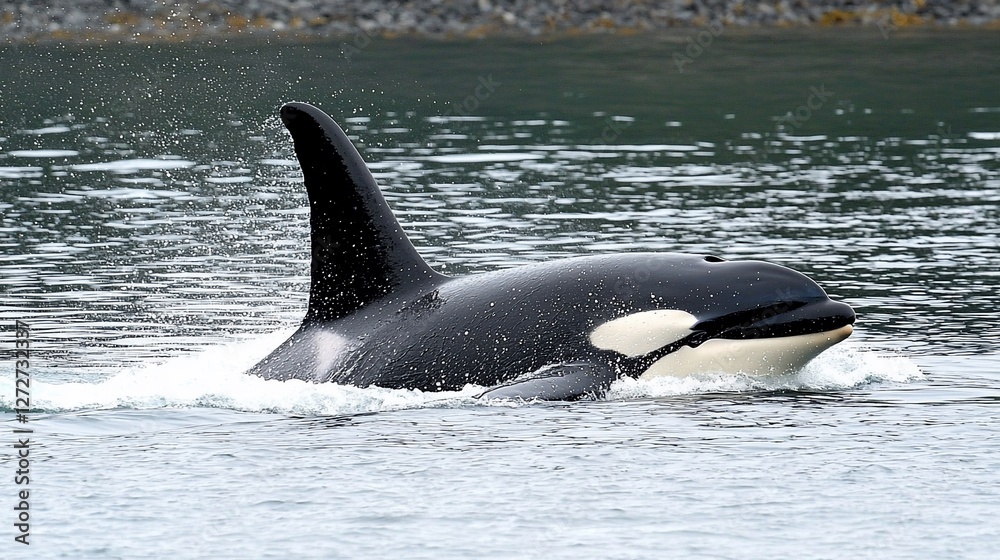 Orca whale surfacing in ocean water.