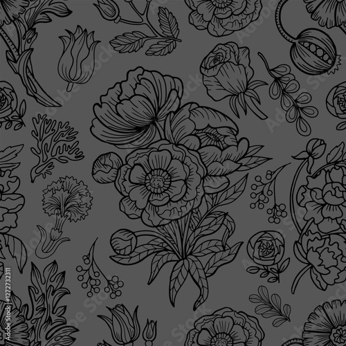 Wallpaper Mural Seamless pattern with line art peony and poppy flowers, botanical elements, leaves. Vintage floral illustration.  Torontodigital.ca