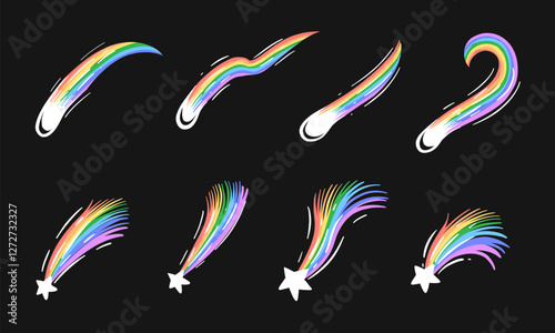 Set of stylized rainbow shooting stars with white stars at the end trail across a black background.
