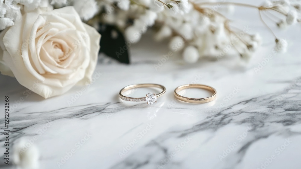 Elegant wedding rings displayed on a marble surface with a white rose and delicate flowers in the background