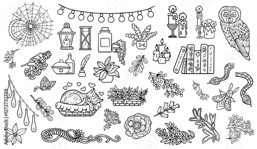 Witchy design set with cozy mystical boho objects, witchcraft symbols and floral elements. Hand drawn doodle illustrations isolated on white. Wiccan items for magic rituals. 