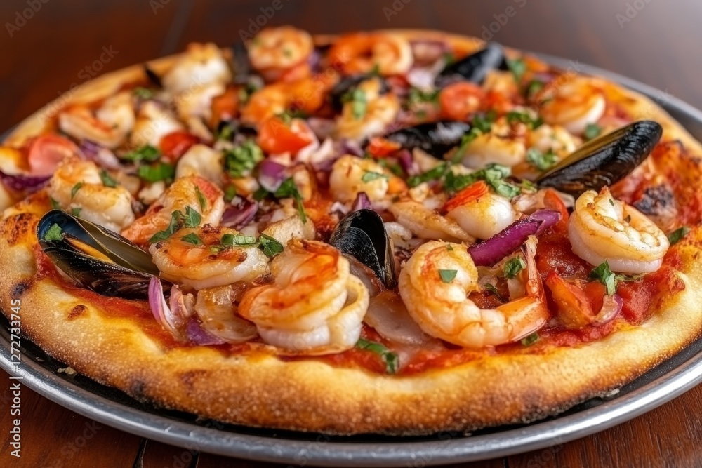 A pizza topped with fresh seafood, including shrimp, calamari, and mussels A pizza topped with fresh seafood, including shrimp, calamari, and mussels
