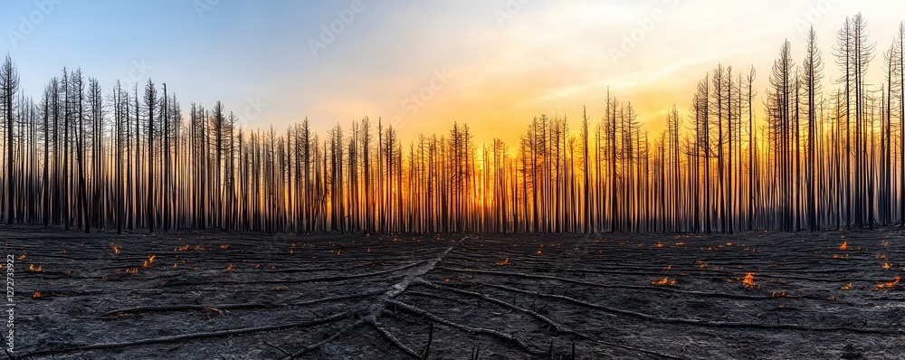 Obraz premium Desolate Forest Landscape After Wildfire at Sunset with Smoke