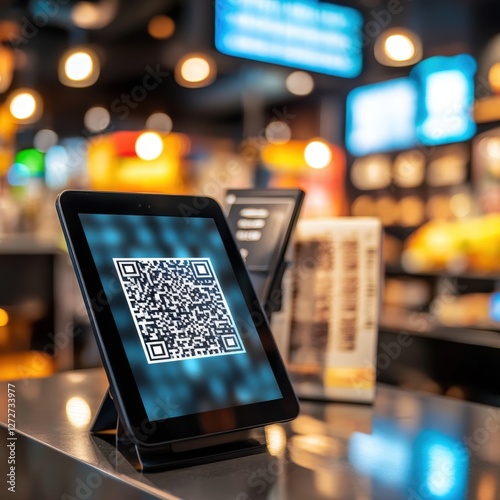 Digital Tablet Displaying QR Code in a Modern Cafe with Warm Lighting and Blurred Background Showing Customer Interactions and Fresh Food Options