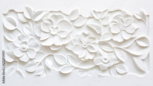 Wedding invitations luxury embossed concept. A delicate white floral relief design featuring various flowers and leaves, showcasing intricate texture and craftsmanship.