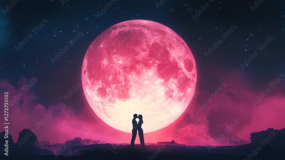 Obraz premium A heartfelt silhouette of a couple kissing under a luminous full moon, with an expansive, dreamy night sky above