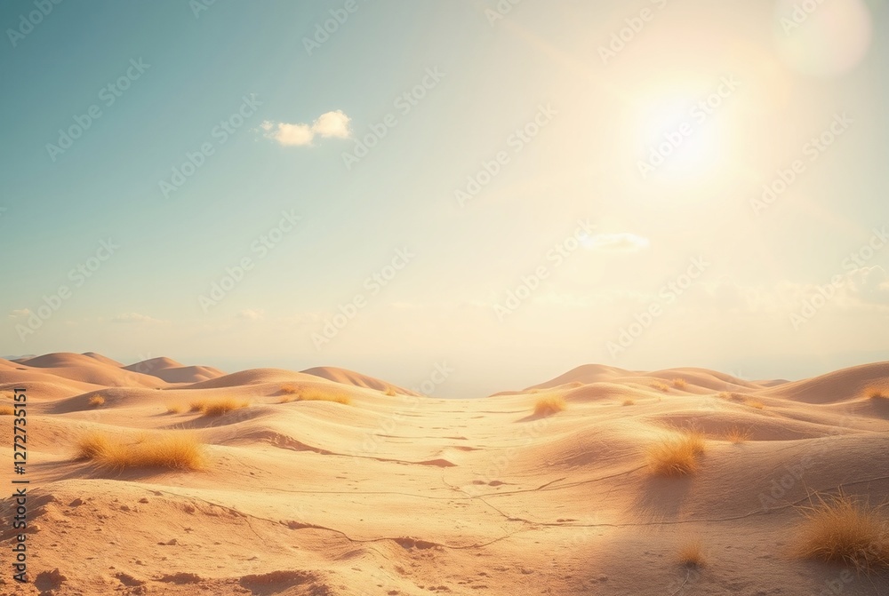Naklejka premium Serene Desert Landscape at Sunrise with Gentle Sand Dunes and Soft Sunlight