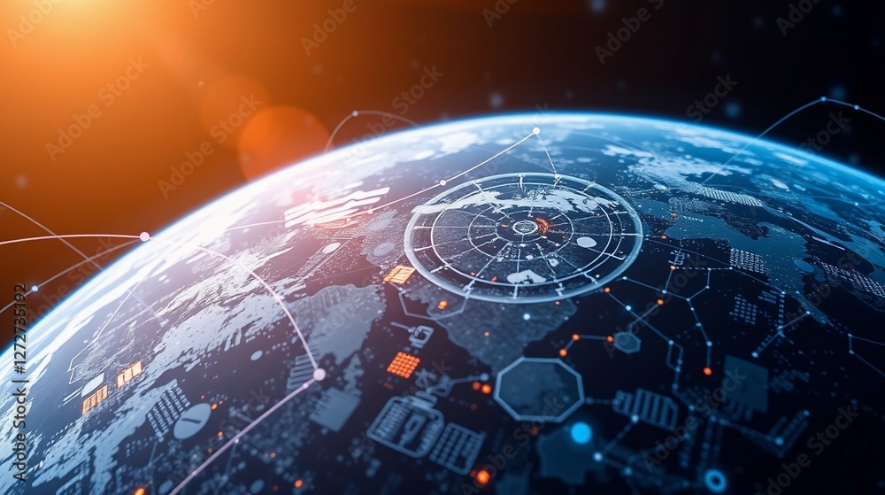 Fototapeta premium Futuristic Global Network and Connectivity Concept Showing Earth with Digital Grids and Data Visualizations