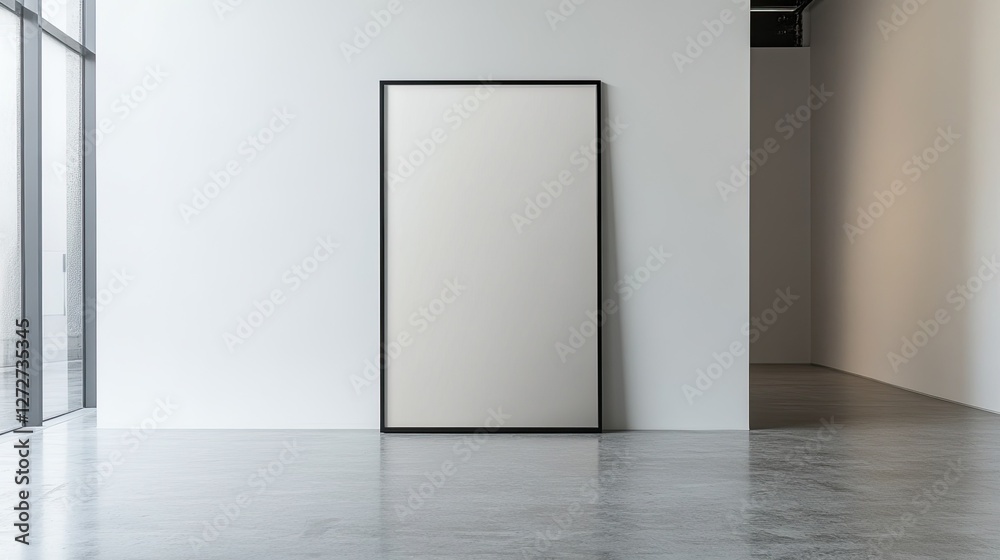 Large blank frame leaning against white wall in minimalistic interior, perfect for showcasing artwork or photography with neutral background, stylish for modern home. Large blank frame leaning against white wall in minimalistic interior, perfect for showcasing artwork or photography with neutral background, stylish for modern home.
