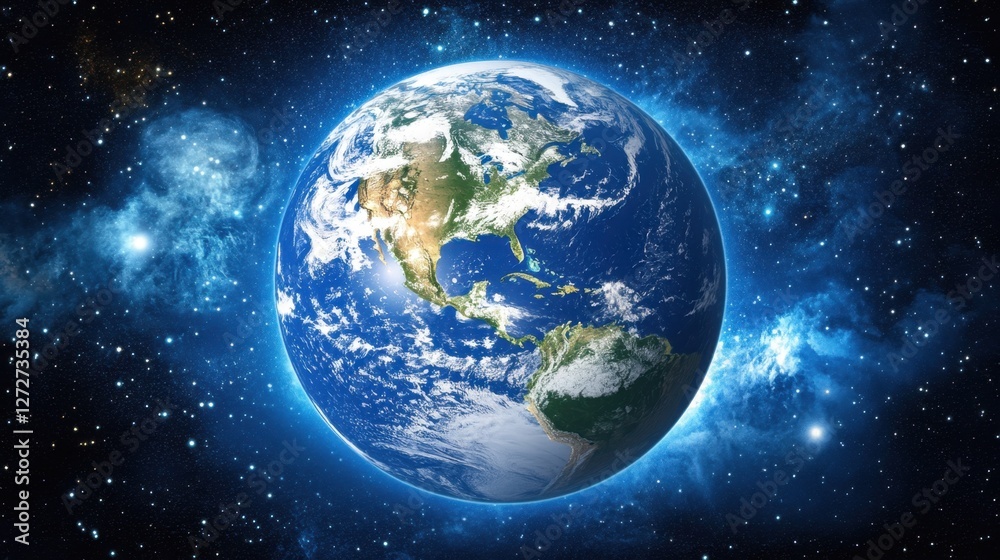 Obraz premium A high-definition space view of Earth with intricate cloud formations swirling over oceans and continents, illuminated by sunlight.