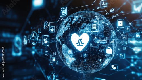 A high-tech glowing earth with connected health insurance platforms represented by digital icons.