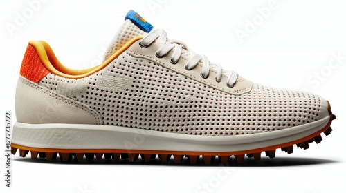 Stylish Perforated Beige Golf Shoe with Orange Accents photo