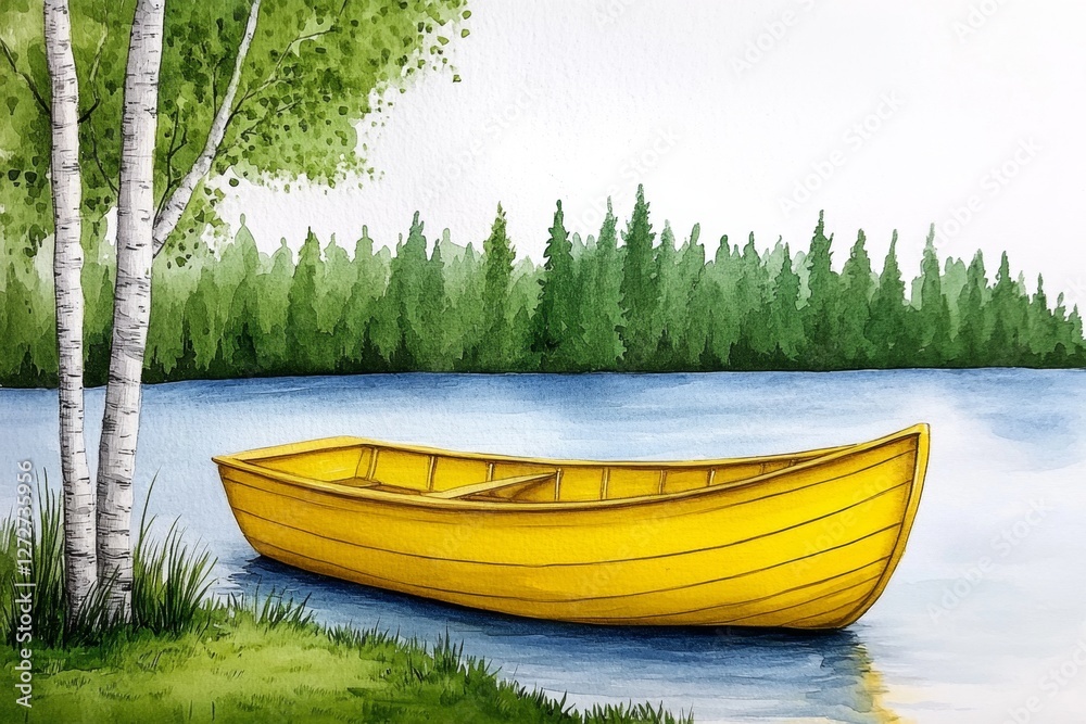 A soft watercolor painting of a peaceful lake scene with a rowboat floating on still waters A soft watercolor painting of a peaceful lake scene with a rowboat floating on still waters
