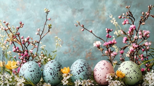 Easter celebration with colorful eggs and blossoms springtime floral arrangement vibrant atmosphere