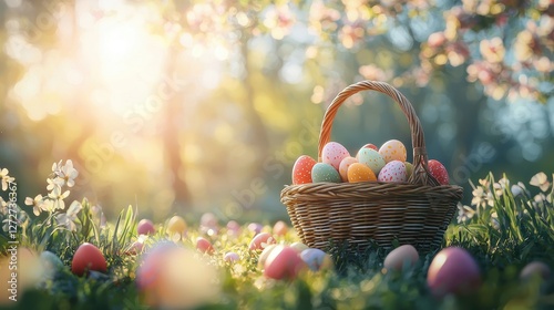 Joyful easter egg hunt in blooming garden nature scene vibrant spring atmosphere